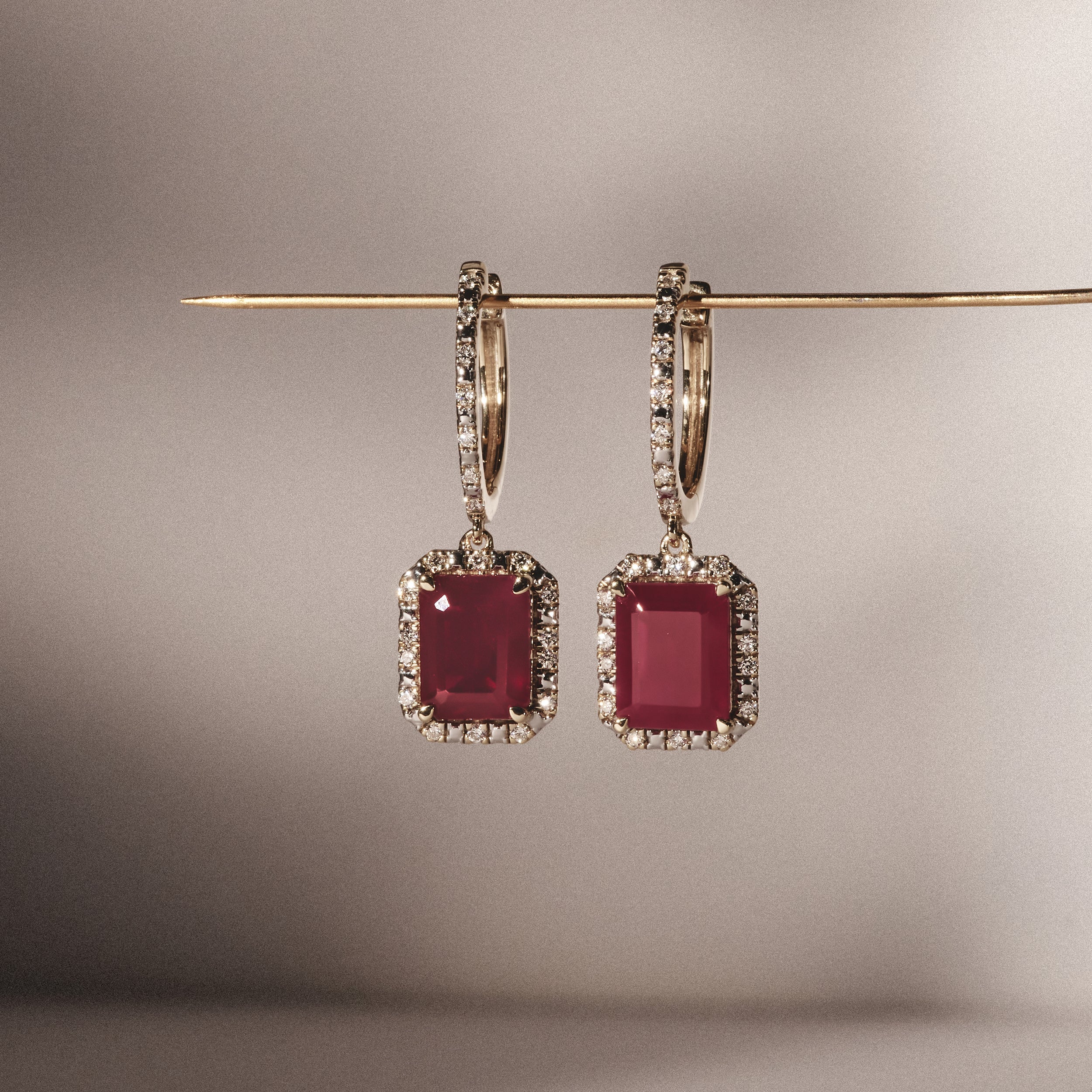 Astra 3.50ct Lab Ruby and Diamond Drop Halo Octagon Cut Earrings in 18K Gold Vermeil